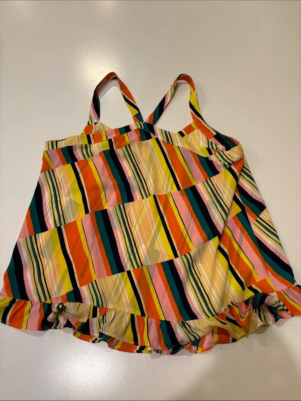 Cabi Size Striped Ruffle Hem Cami Tank - Bright 70s vibe Festival EUC